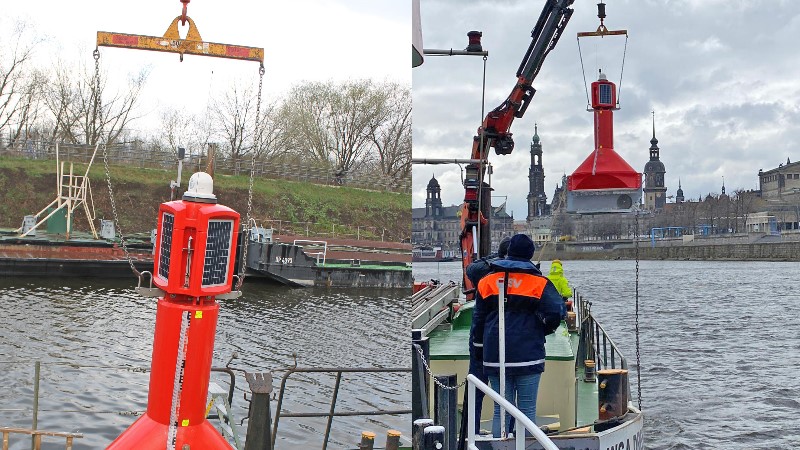 Digitalisierung von Schifffahrtszeichen auf der Elbe beginnt – Bundesweit erste AIS-Tonne bei Dresden eingesetzt Fotos:WSA Dresden