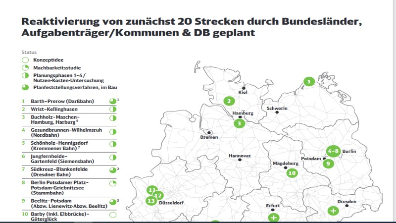 Die Deutsche Bahn (DB) wird 20 Strecken mit einer Länge von 245 Kilometern für den Bahnbetrieb reaktivieren.  Foto: Screenshot Grafik DB