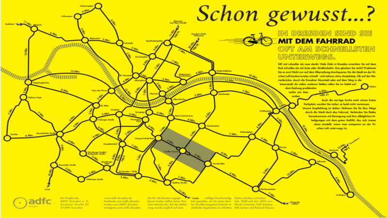 Neuer Radreisezeit-Stadtplan zeigt: Mit dem Rad geht´s schneller als man denkt durch die Stadt! © ADFC Dresden e.V.