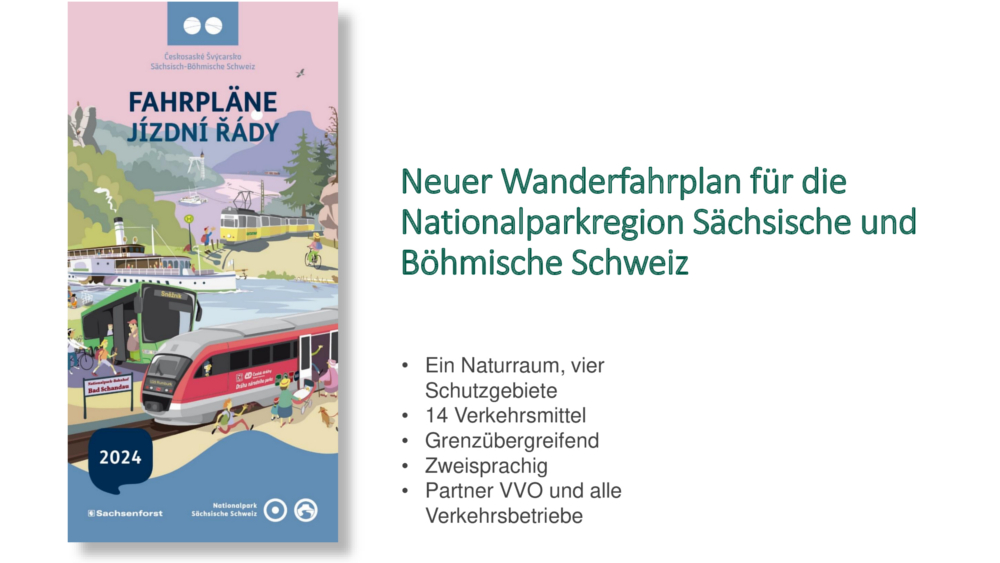 Der neue Fahrplan für die Nationalparkregion Sächsische- und Böhmische Schweiz zeigt das umfassende Angebot für Wanderer und Radfahrer mit 14 Verkehrsmitteln, grenzübergreifend, zweisprachig unterstützt durch den VVO und alle Verkehrsbetriebe der Region. ©Staatsbetrieb Sachsenforst