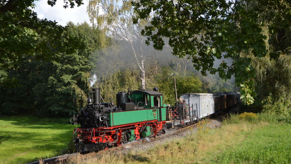 Die Traditionsbahn dampft durch die malerische Landschaft Richtung Moritzburg und Radeburg ©Traditionsbahn Radebeul