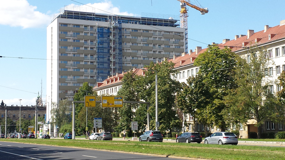 Vom Schandfleck zum modernen Wohnhochhaus, Ende 2024 saollen die ersten Mieter einziehen ©MeiDresden.de