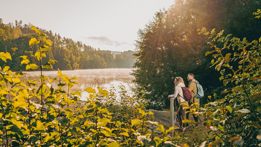 Die Talsperre Dröda bietet besonders im Herbst ein romantisches Wanderziel am Kammweg Erzgebirge-Vogtland. Foto: DJD/Tourismusverband Vogtland/Dirk Rückschloß