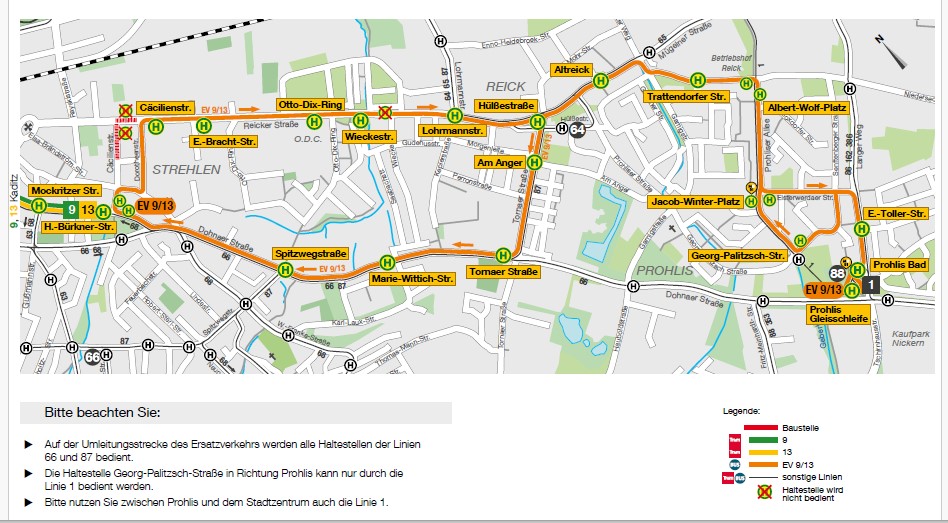 Baumaßnahmen Dresden Reick  Straßenbahn. Screenshot: Dresdner Verkehrsberiebe AG 