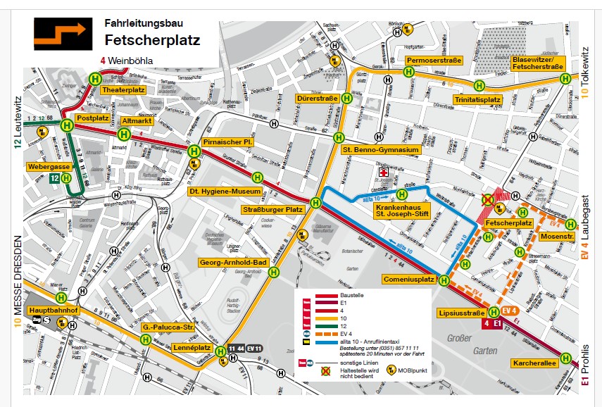 Baumaßnahmen Straßenbahn. Screenshot: Dresdner Verkehrsbetriebe AG 