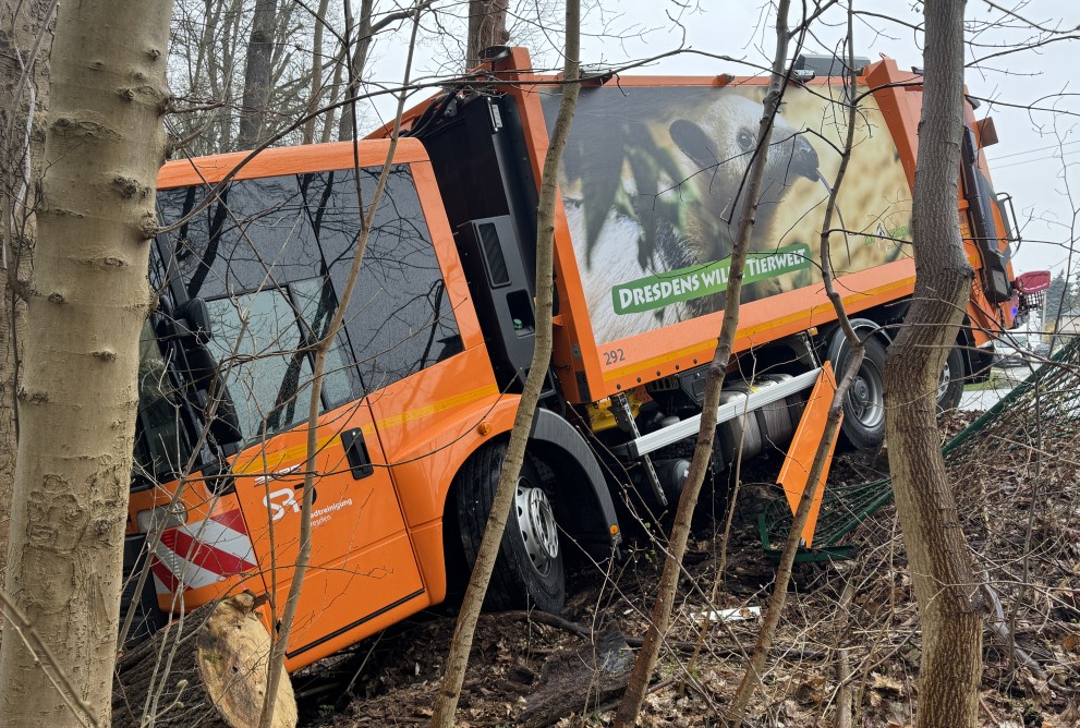 © Feuerwehr Dresden Das Müllfahrzeug prallte gegen einen Buam und kam auf einer Böschung zum stehen.