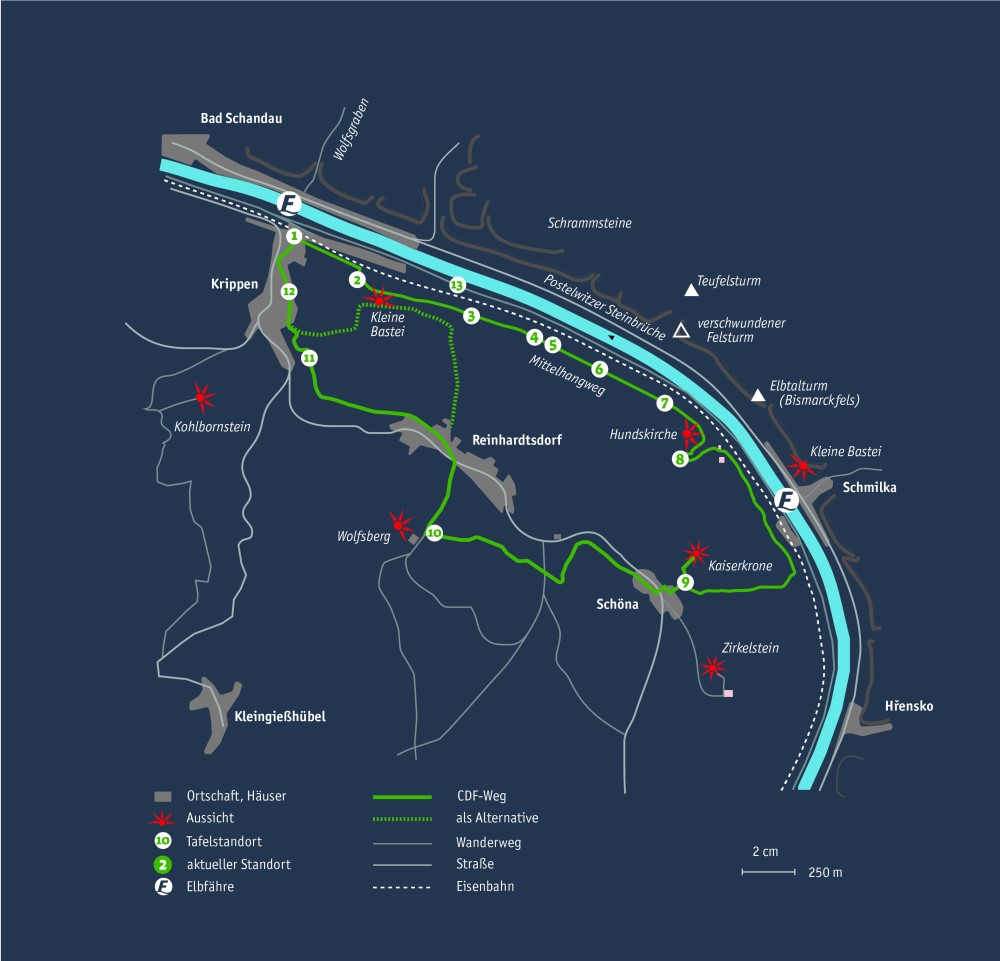 Wegverlauf Caspar-David-Friedrich-Weg Sächsische Schweiz   Copyright: Taradesign