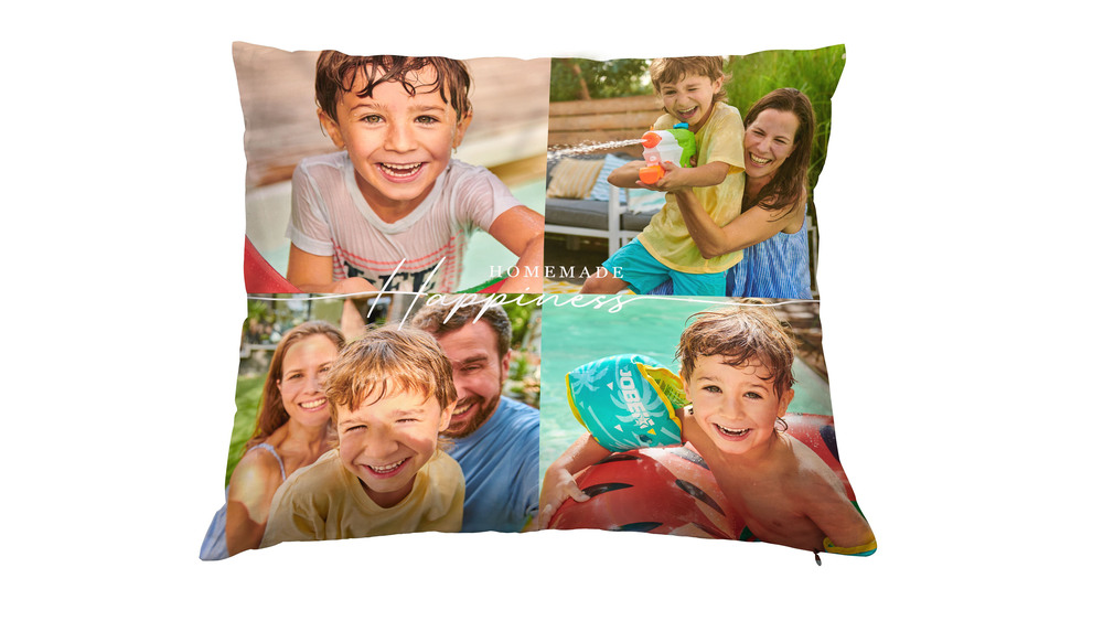 Ein individuell bedrucktes Fotokissen mit Motiven der Familie kommt nicht nur bei den Großeltern gut an. Foto: DJD/Pixum.de