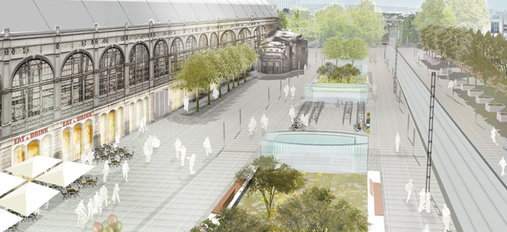 Visualisierung des geplanten Bereiches für die Neugestaltung des nördlichen Vorplatzes am Hauptbahnhof mit dem Wiener Platz © Rehwaldt Landschaftsarchitekten