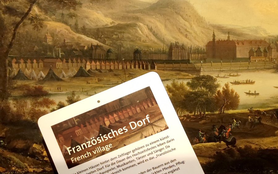 Ausschnitt aus Thiele-Gemälde mit Erklärkarte. Foto: Staatliche Schlösser, Burgen und Gärten Sachsen gemeinnützige GmbH