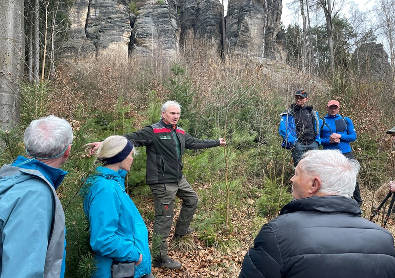Christian Schmidt leitet das Forstrevier Ottomühle in der Nationalpark- und Forstverwaltung von Sachsenforst. Er ist dankbar für die große Unterstützung durch die Gipfelpaten und erläutert bei der Schulungsveranstaltung vor Ort den großen Wert der jungen natürlich angewachsenen Bäume am Felsfuß, die den Hang stabilisieren und zum vielfältigen Mischwald von morgen heranwachsen. Foto:↑. U. Borrmeister